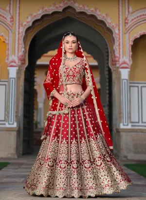 Red Sequined Embroidered Net Bridal Lehenga Choli