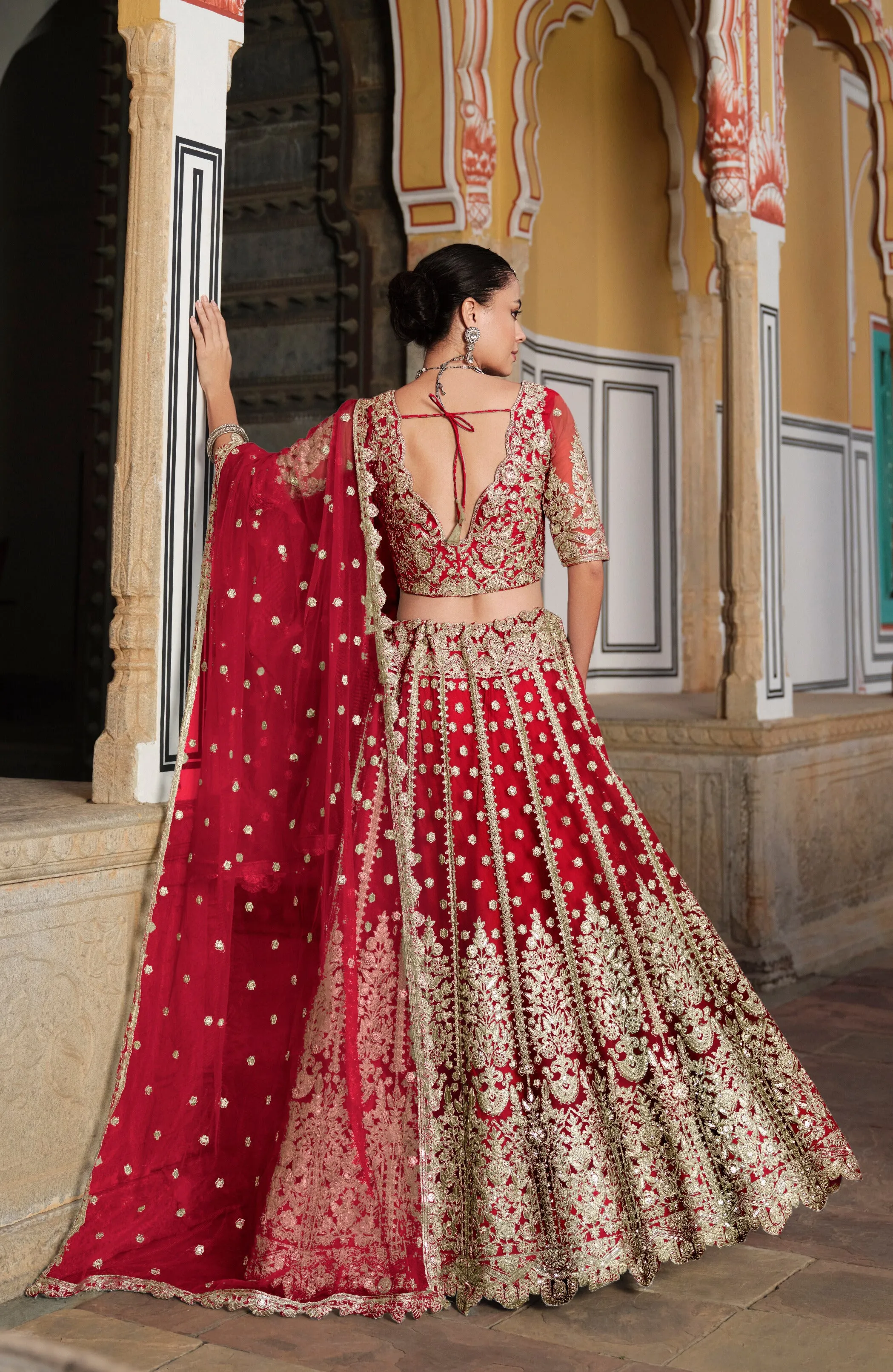 Red Sequined Embroidered Net Bridal Lehenga Choli