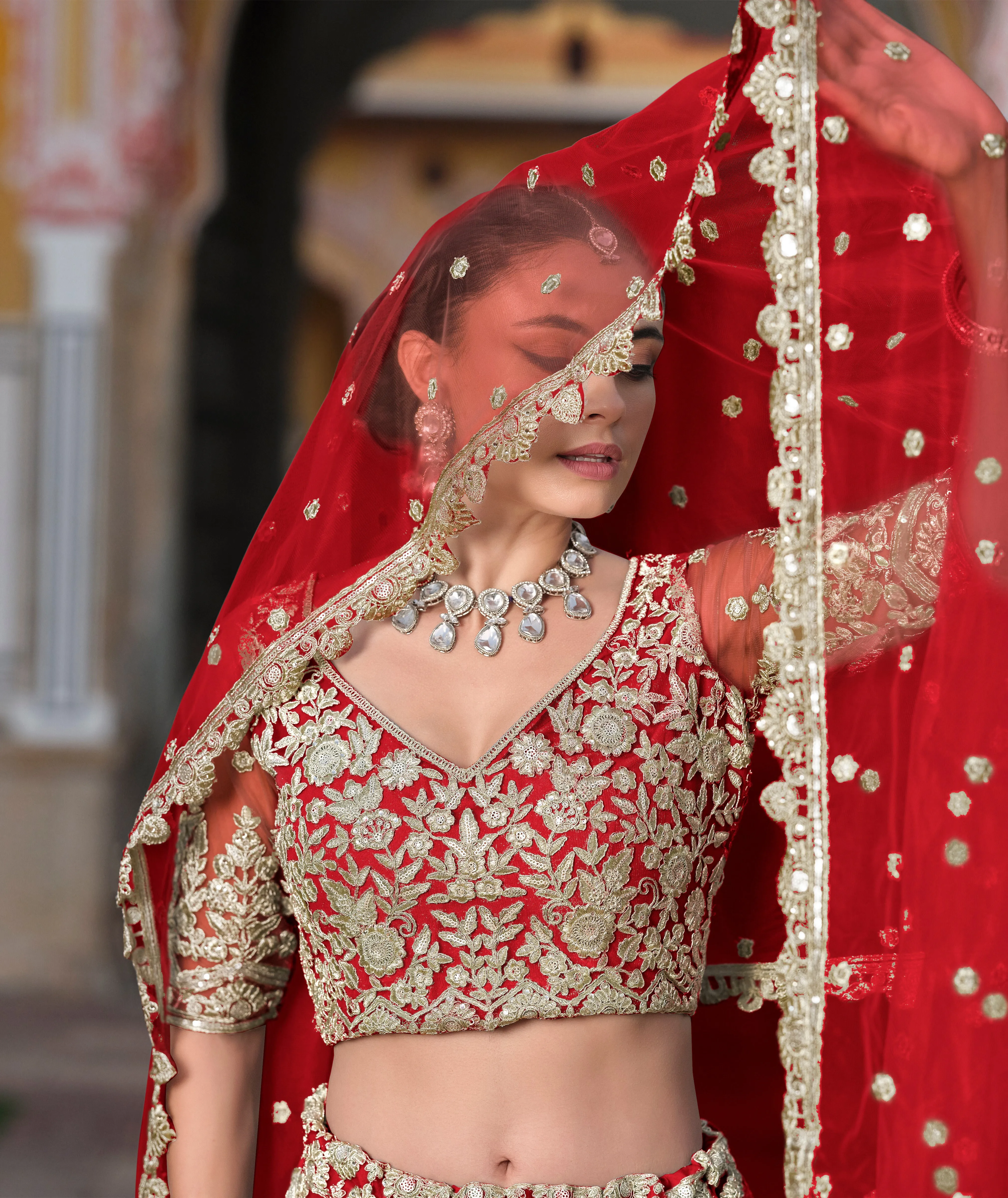 Red Sequined Embroidered Net Bridal Lehenga Choli