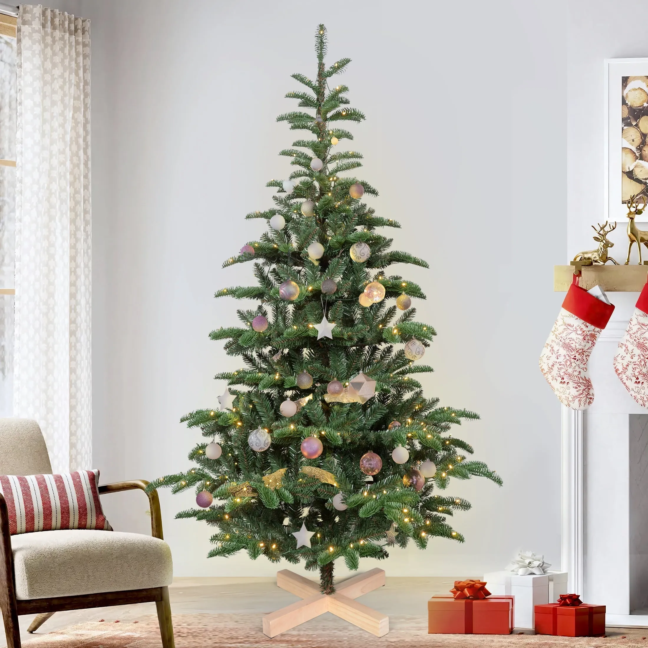 relaxed Christmas Trees 5 ft Pre lit,  Wooden Stand Tree w/ 403 PE PVC Mixed Tips, 200 Lights 8 ft