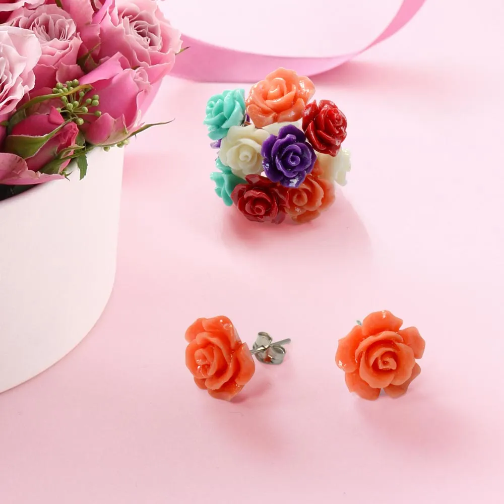 Romantic Floral 3D Carved Red Blue Coral Rose Flower Stud Earrings Silver