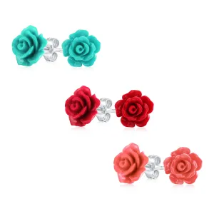 Romantic Floral 3D Carved Red Blue Coral Rose Flower Stud Earrings Silver