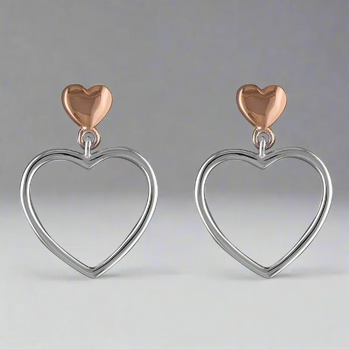 Rose Gold-plated Sterling Silver Heart in Heart Outline Drop Earrings