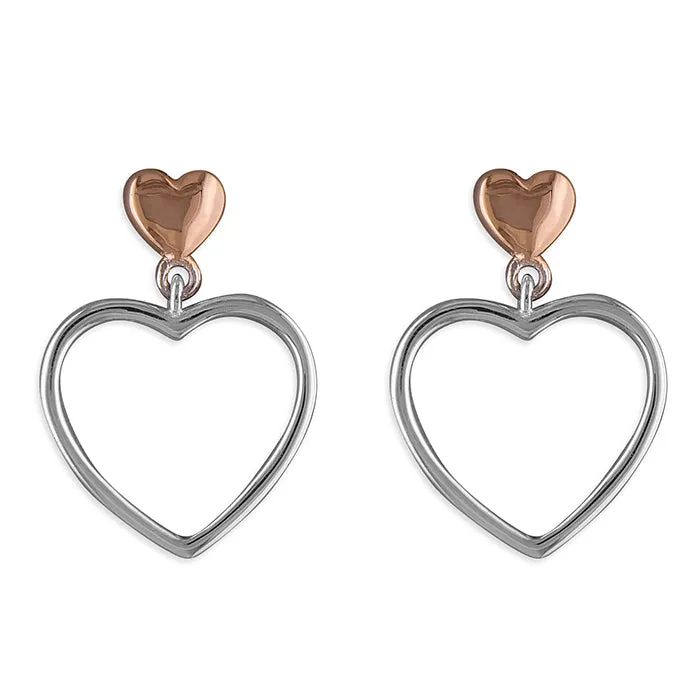 Rose Gold-plated Sterling Silver Heart in Heart Outline Drop Earrings