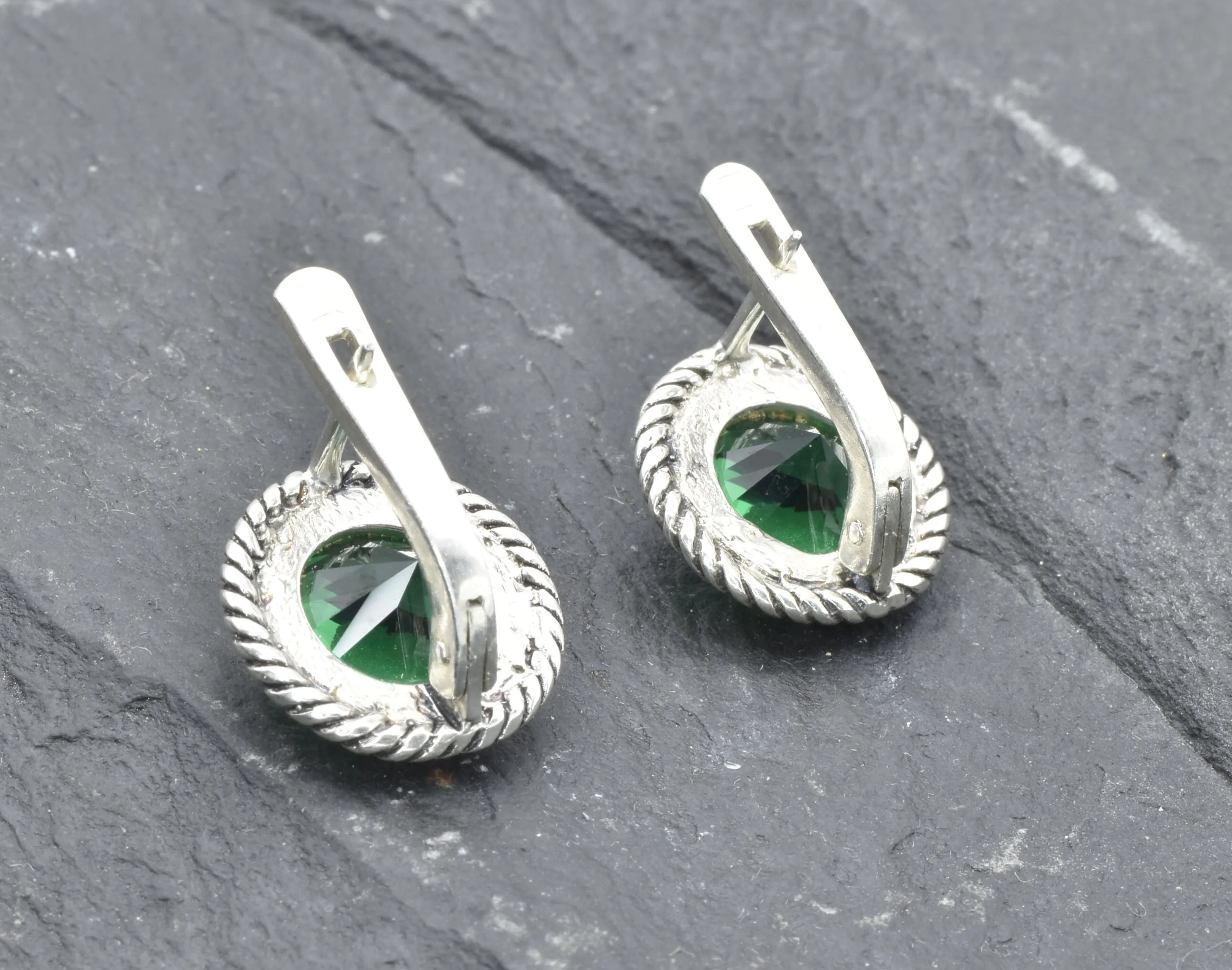 Round Emerald Earrings - Large Green Studs - Silver Emerald Earrings