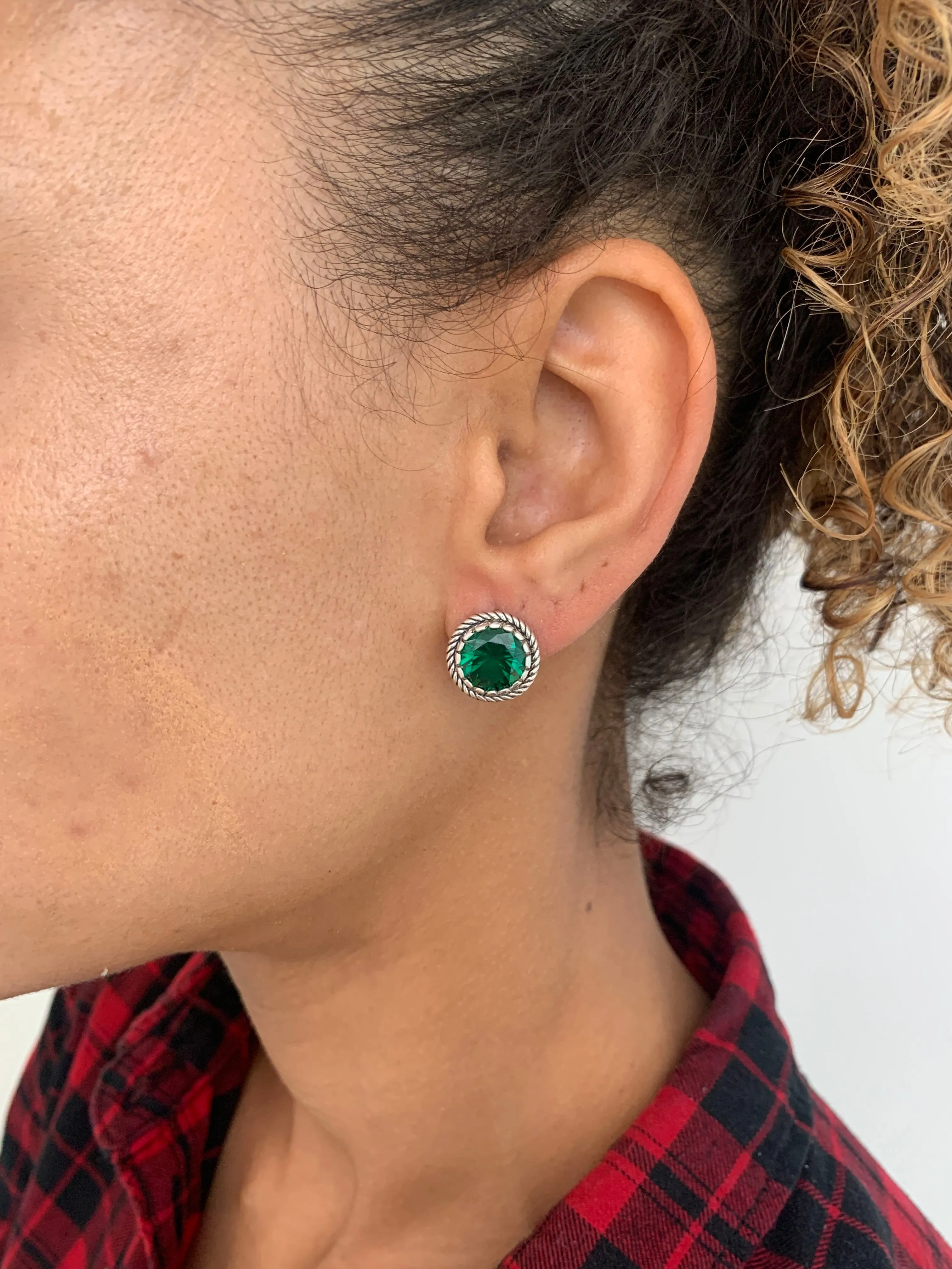 Round Emerald Earrings - Large Green Studs - Silver Emerald Earrings