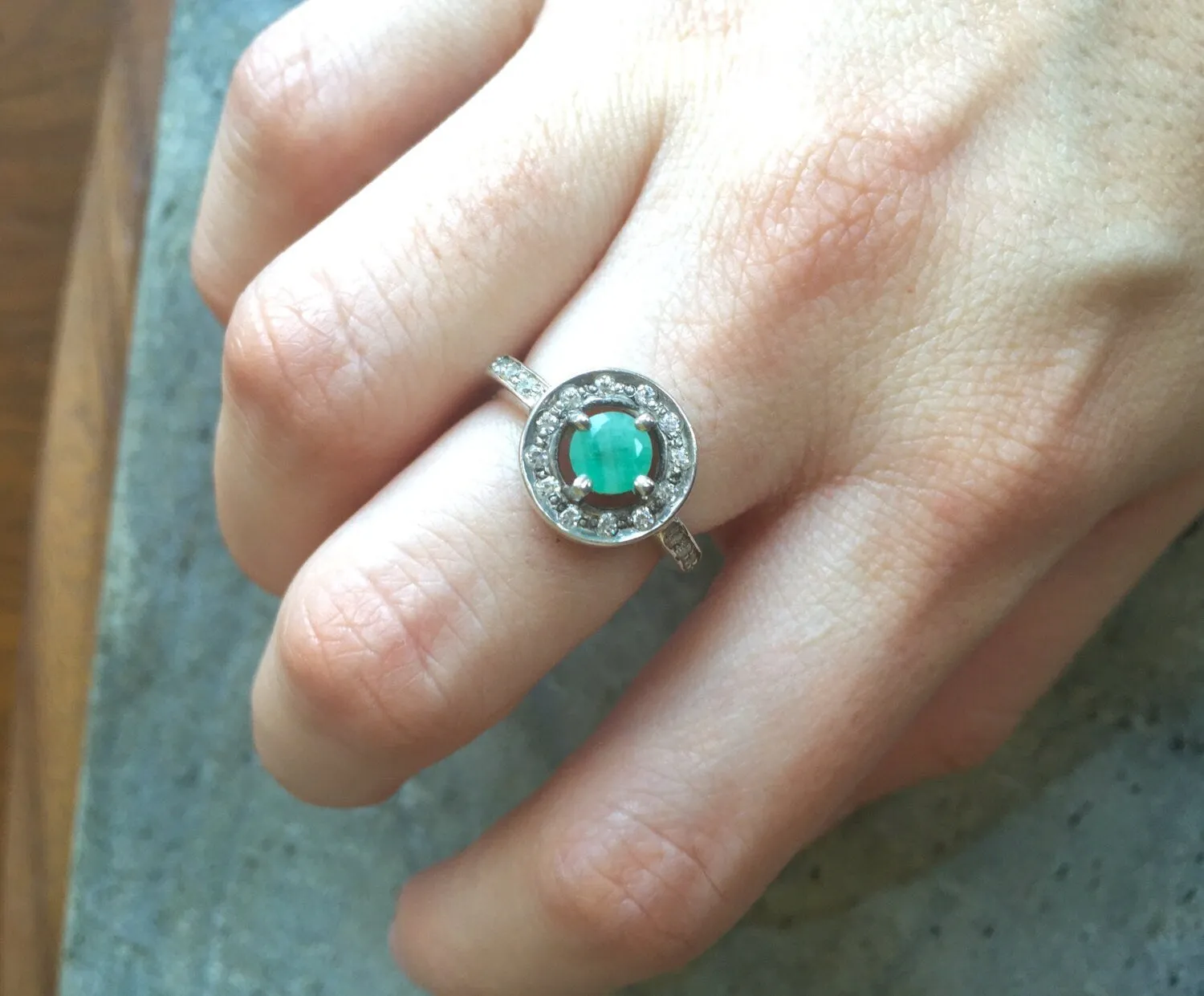 Round Emerald Ring - Green Halo Ring - Emerald Cluster Ring