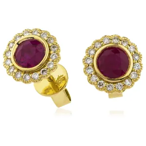 Ruby & Diamond Round Cluster Earrings 0.50ct in 18k Yellow Gold