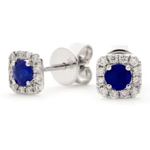 Sapphire & Diamond Square Cluster Earrings 0.60ct in 18k White Gold