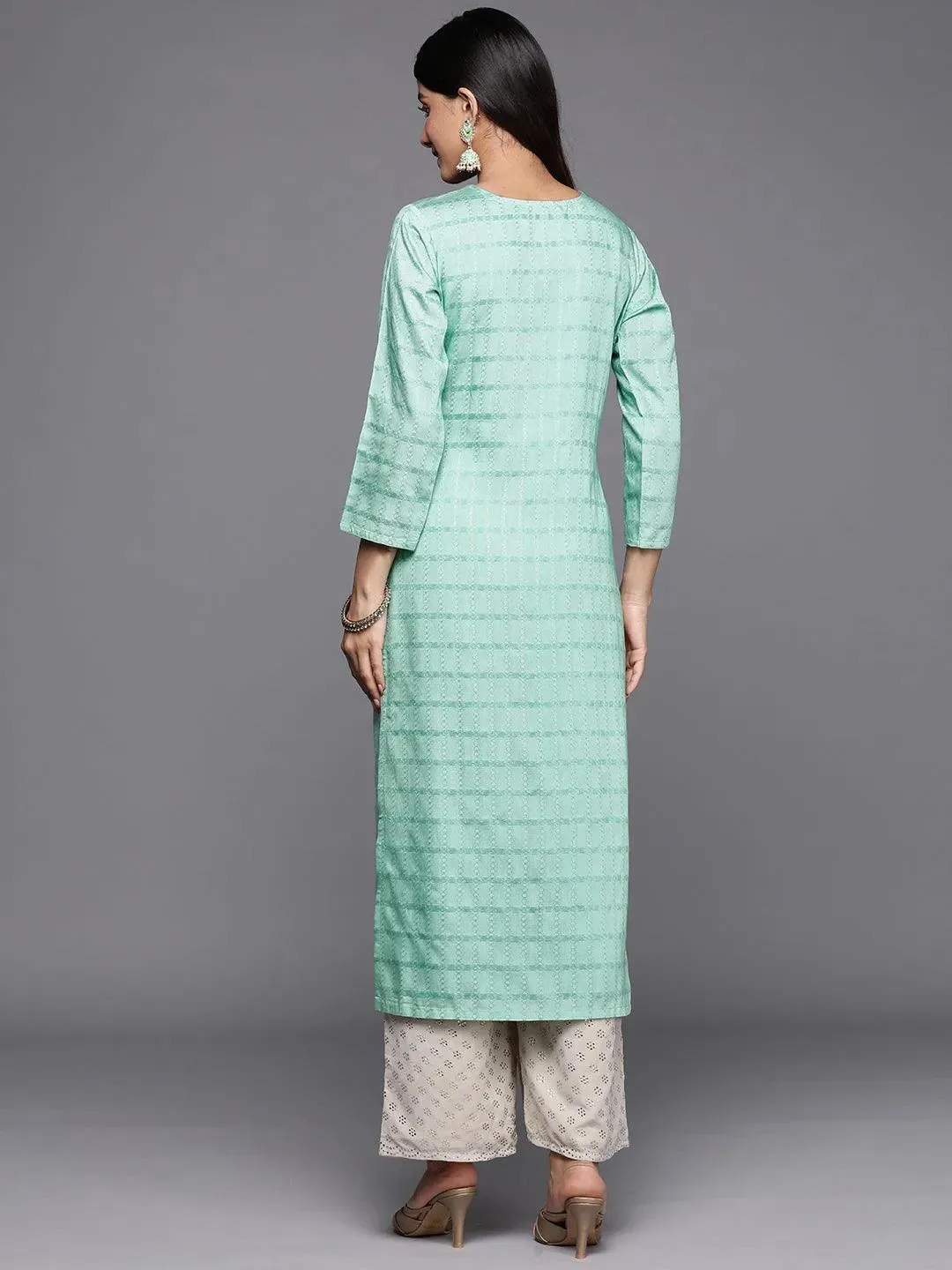 Sea Green Woven Design Rayon Straight Kurta