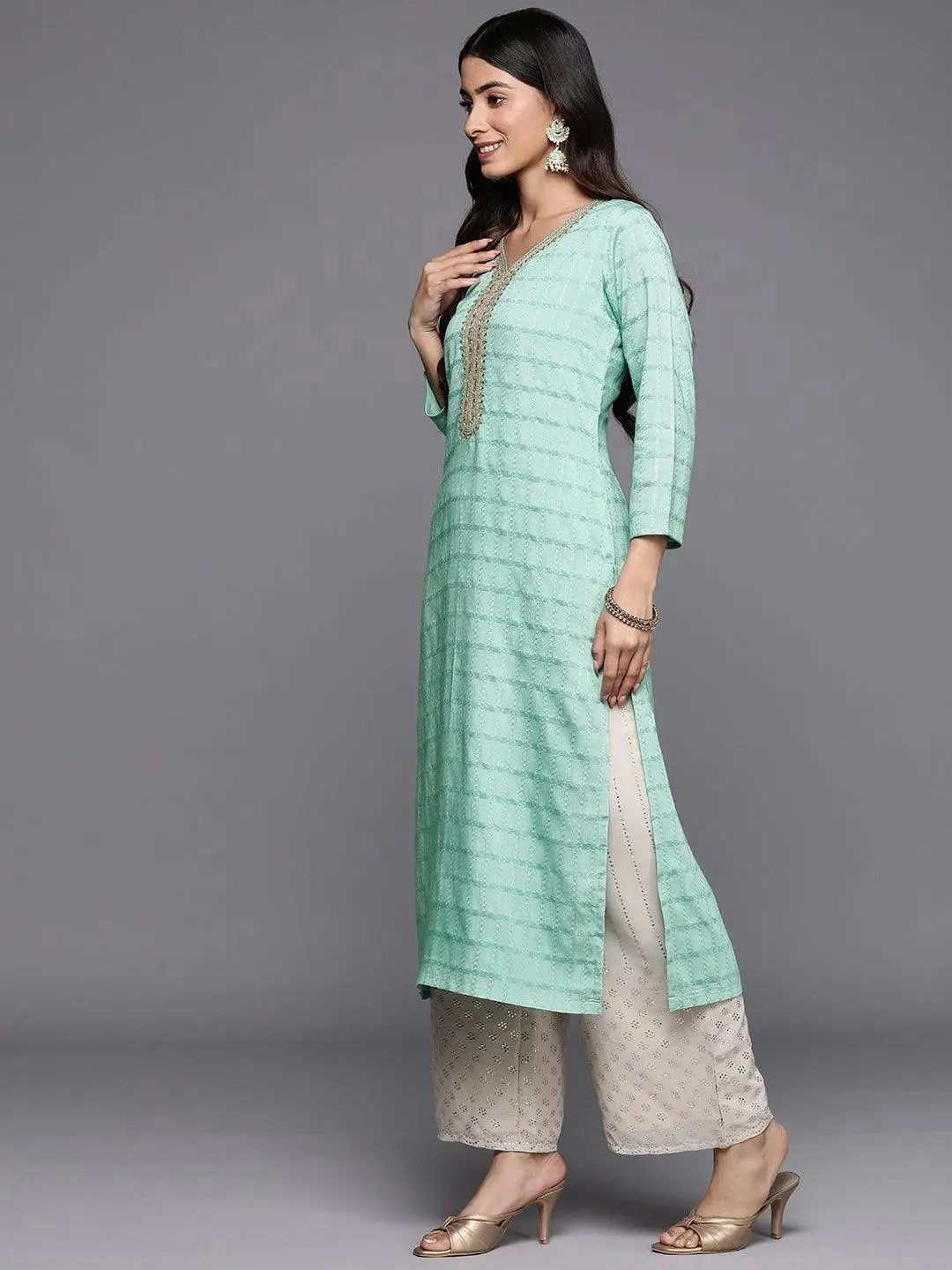 Sea Green Woven Design Rayon Straight Kurta