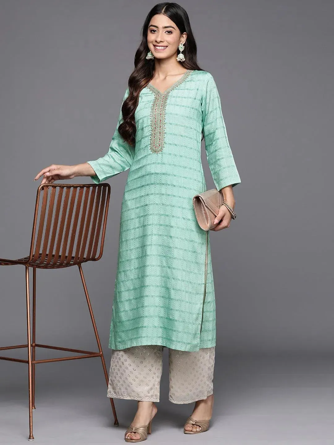 Sea Green Woven Design Rayon Straight Kurta