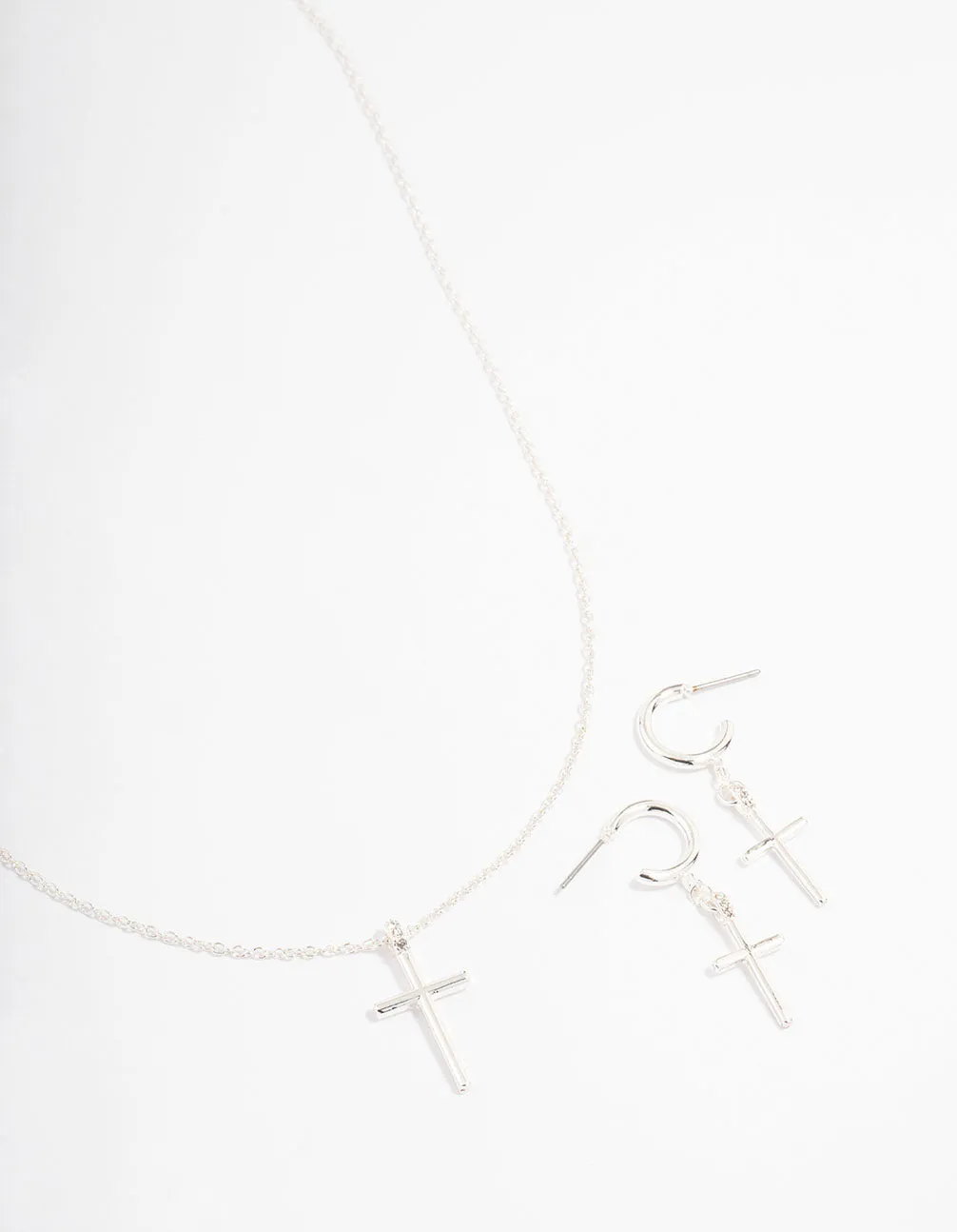 Silver Plated Sleek Cross Necklace & Earring Jewellery Set