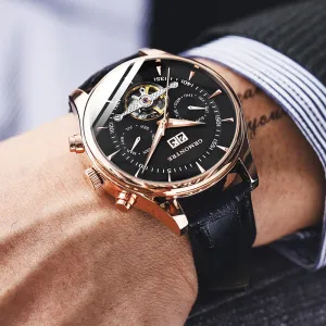 Skeleton Tourbillon Mechanical Watch Men Automatic Classic Rose Gold Leather Mechanical Wrist Watches Reloj Hombre 2018 Luxury