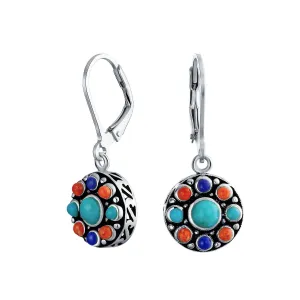 Southwestern Dangle Gemstone Earrings with Lapis Turquoise and Coral in Silver