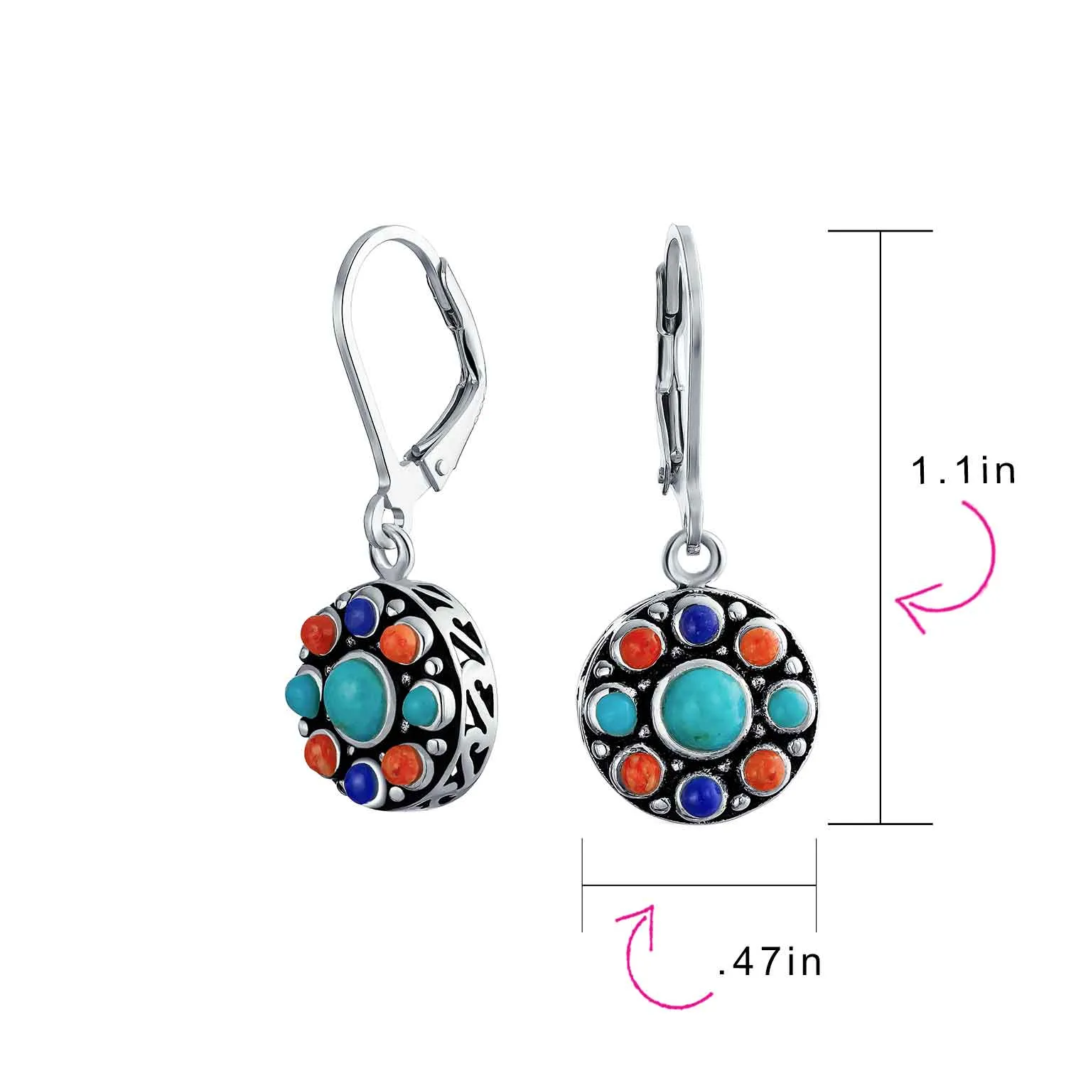 Southwestern Dangle Gemstone Earrings with Lapis Turquoise and Coral in Silver