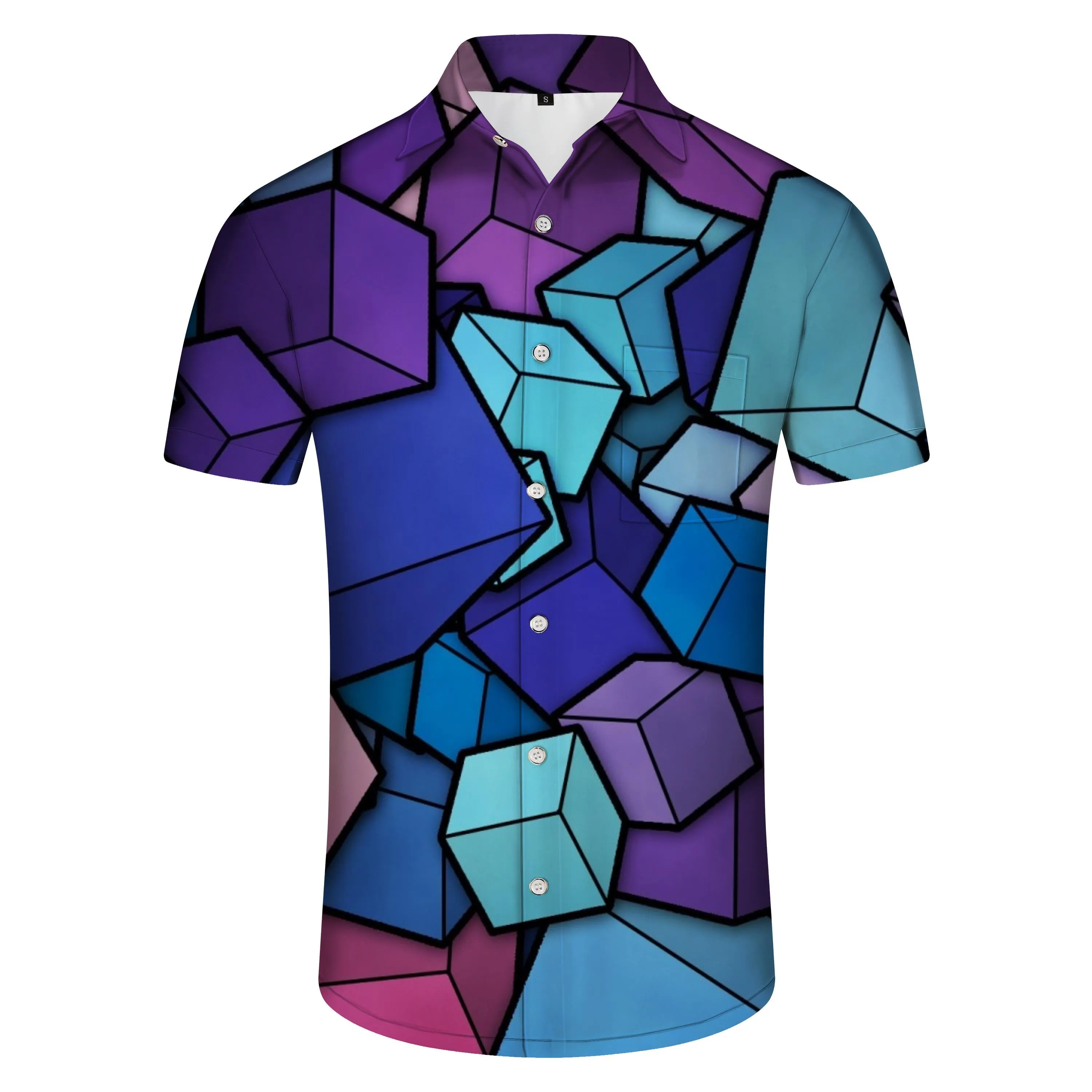 Square Mixed Color Casual Hawaiian Button Men's Shirt Short Sleeve Beachwear Print Abstract Geometric Pattern