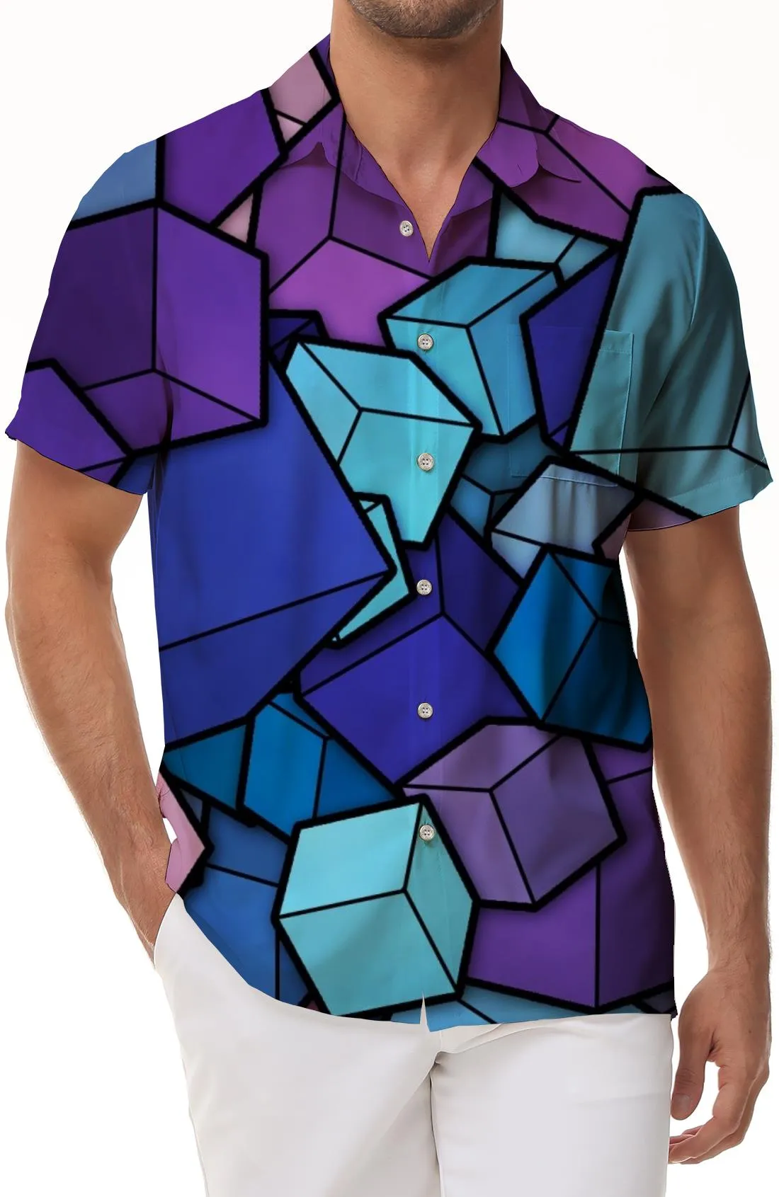 Square Mixed Color Casual Hawaiian Button Men's Shirt Short Sleeve Beachwear Print Abstract Geometric Pattern