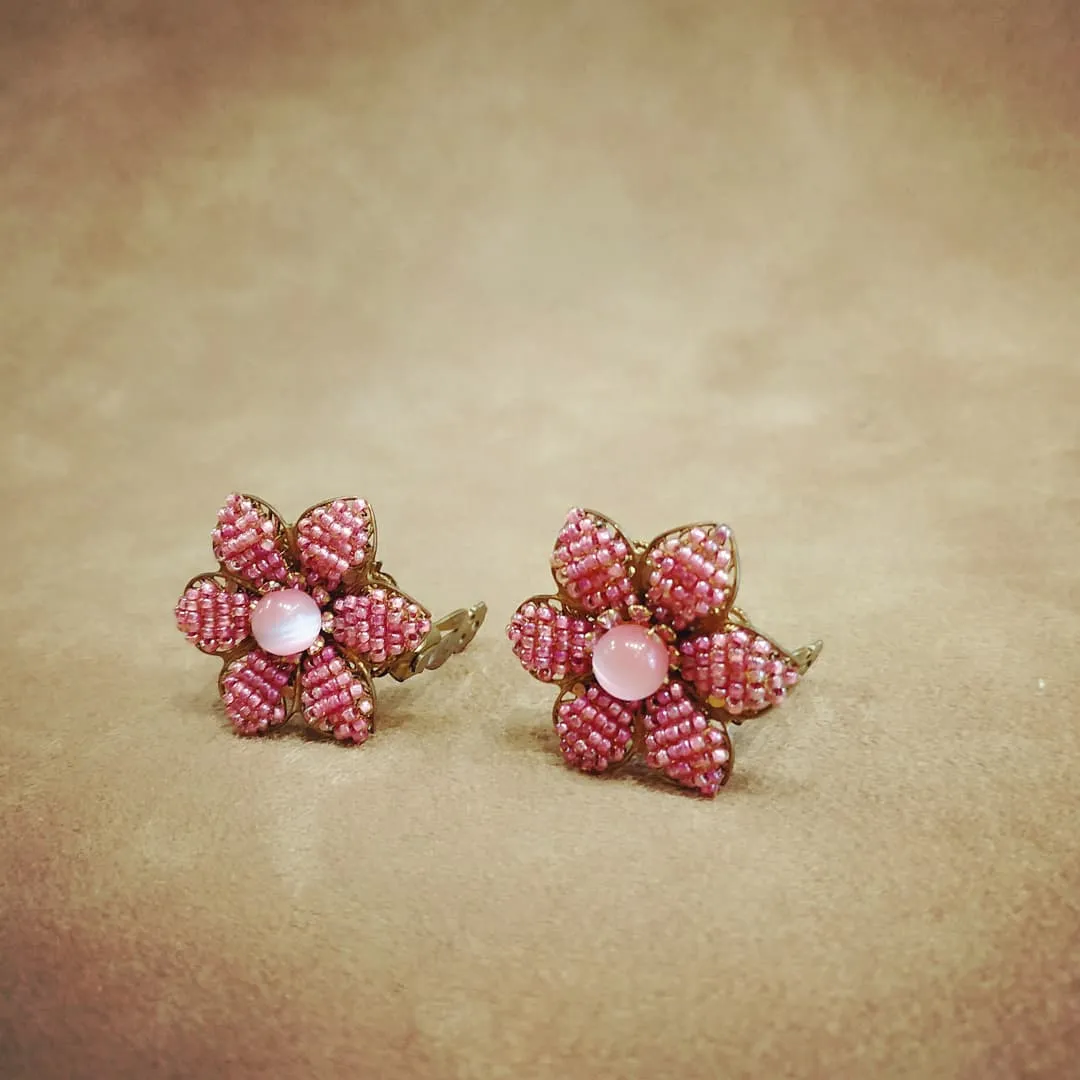 Stanley Hagler Earrings Pink Flower Clip Ons