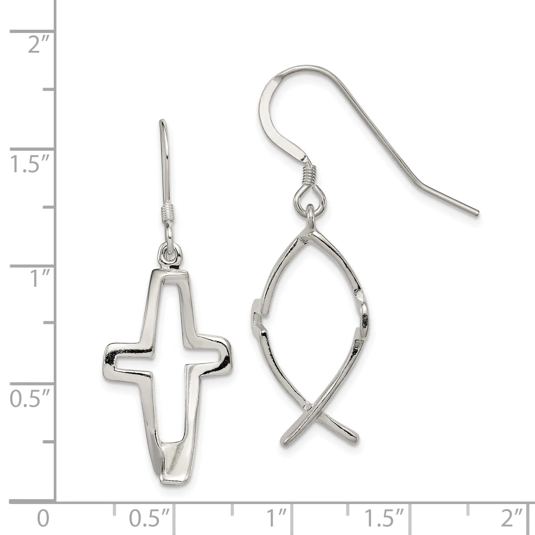 Sterling Silver Cross Ichthus Dangle Earrings