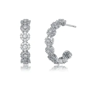 Sterling Silver with Rhodium Plated Clear Round Cubic Zirconia Flower Cluster Hoop Earrings