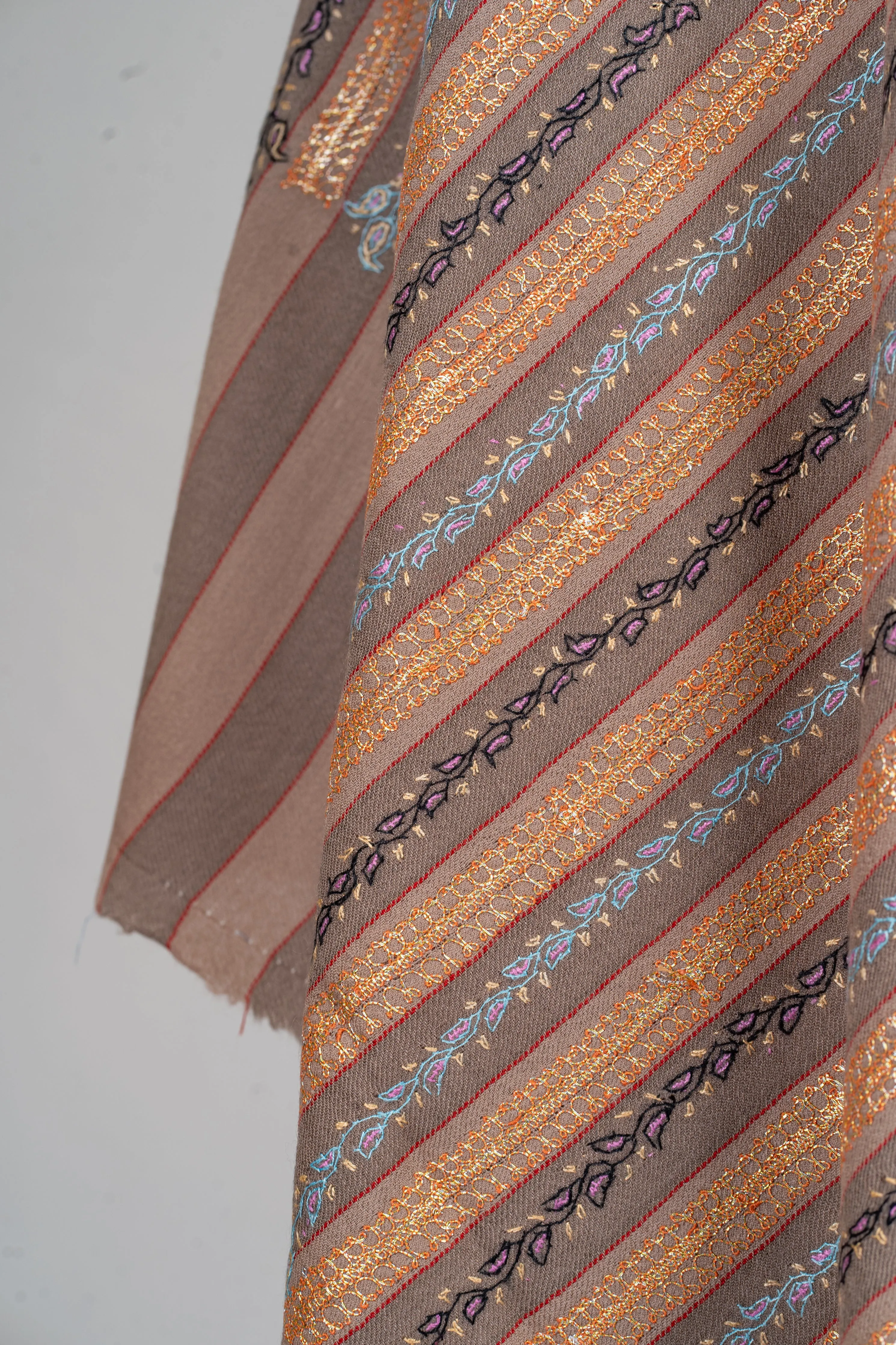 Striped Grace Hand-Embroidered Tilla & Sozni Merino Wool Shawl