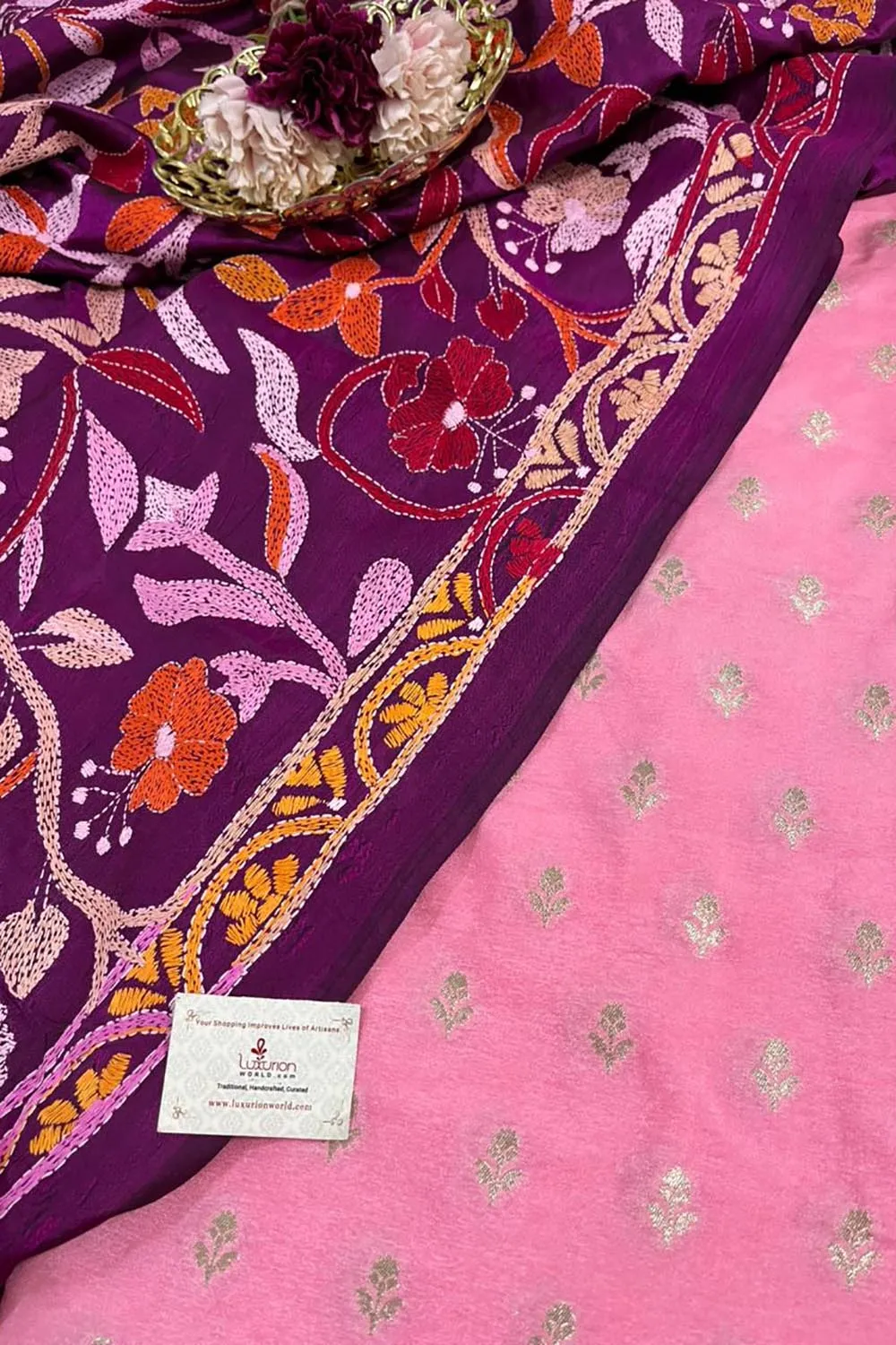 Stunning Pink Banarasi Dupion Silk Suit With Purple Hand Embroidered Kantha Banglore Silk Dupatta