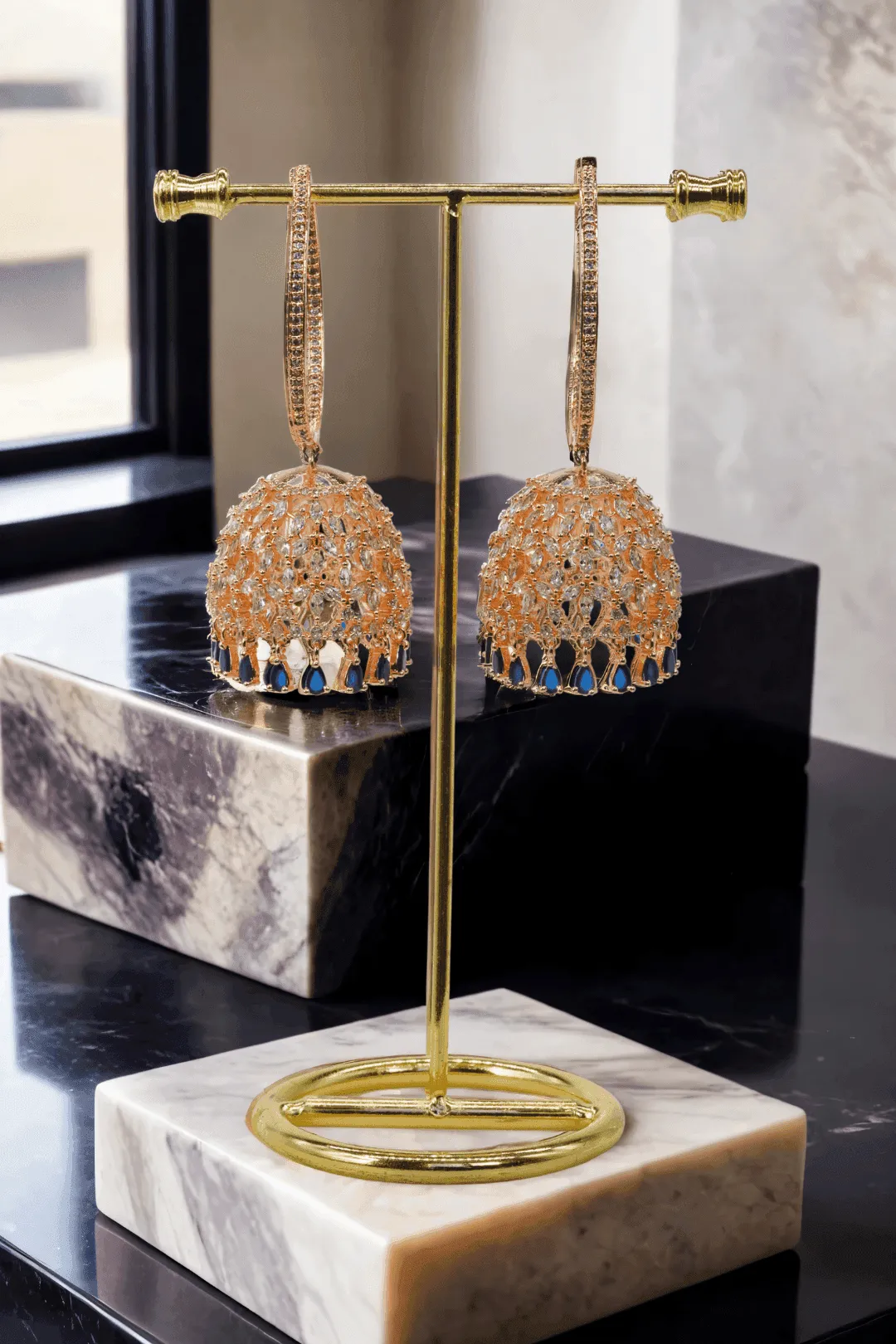 Tanzia- Rose Gold Plated AD Hoop Jhumka Earrings