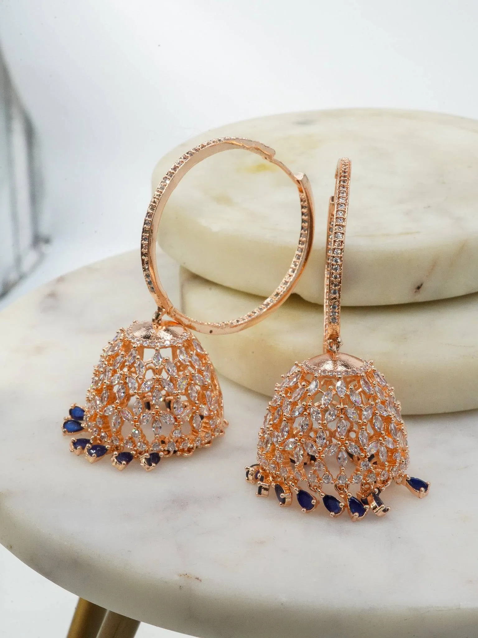 Tanzia- Rose Gold Plated AD Hoop Jhumka Earrings