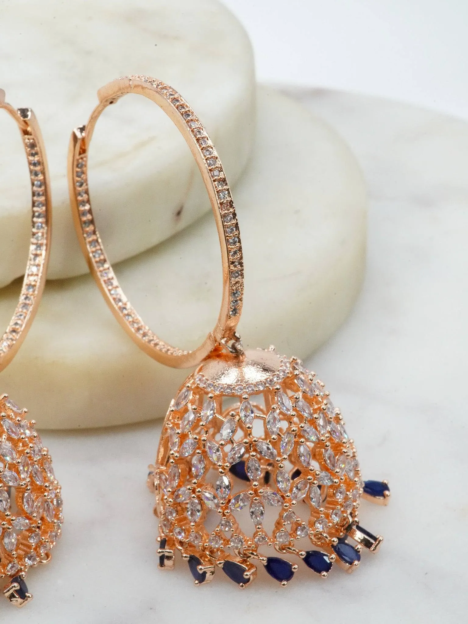 Tanzia- Rose Gold Plated AD Hoop Jhumka Earrings