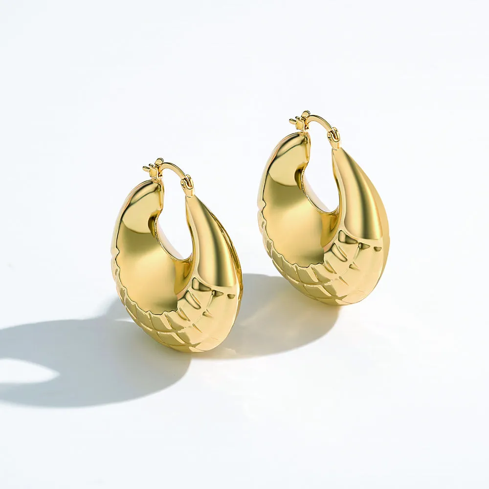 Thick Chunky Croissant Hoop Earrings 14K Gold