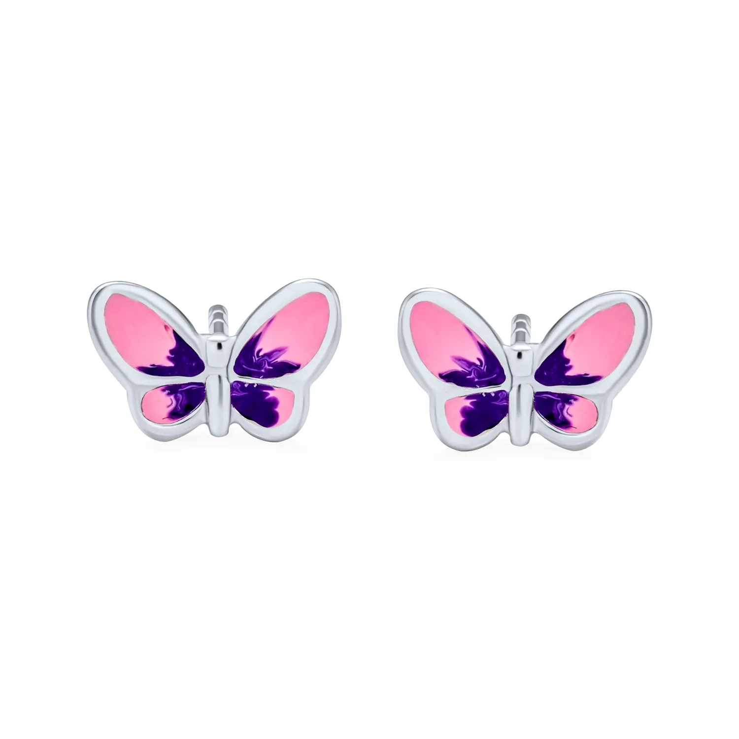 Tiny Purple Pink Butterfly Stud Earrings in Sterling Silver for Summer Garden