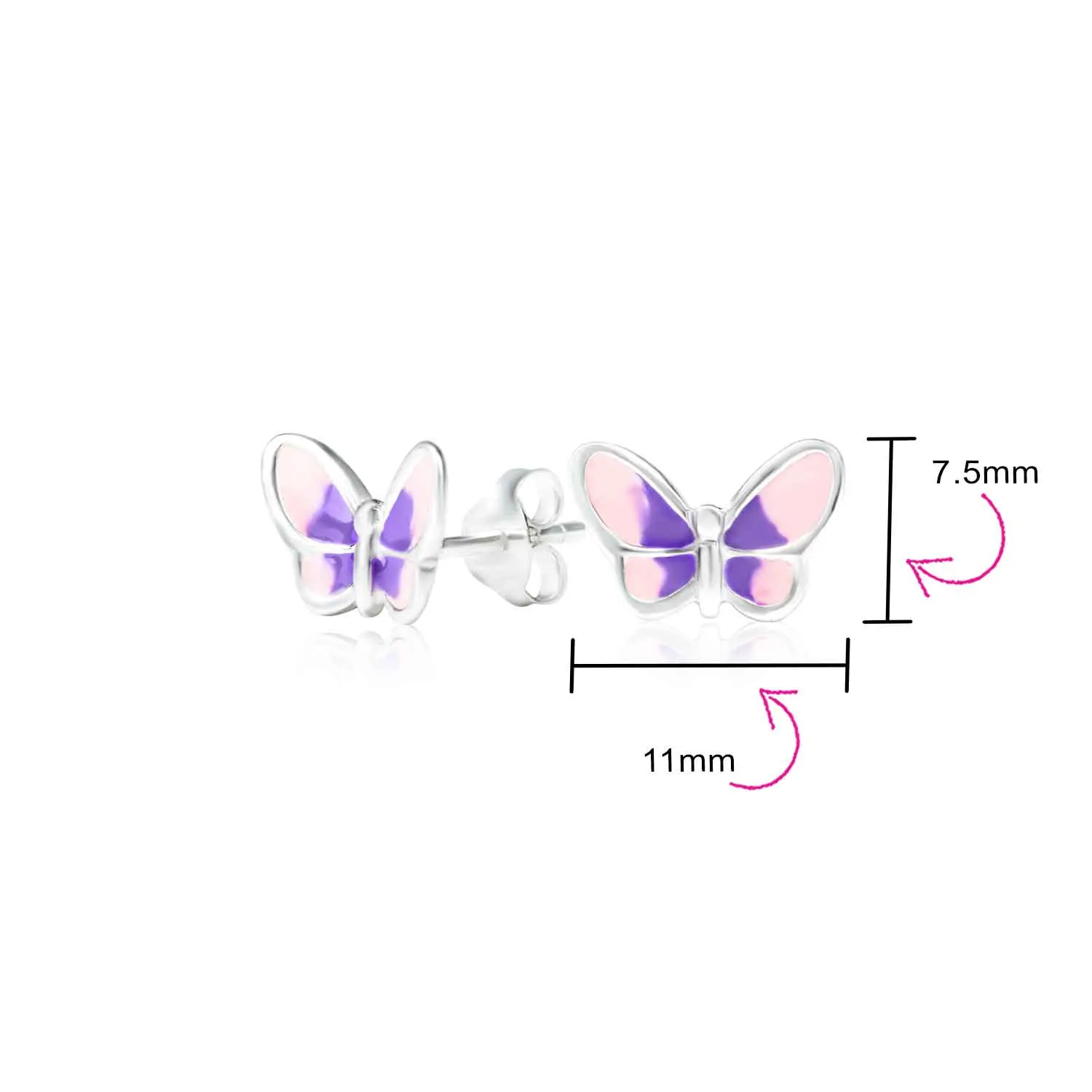 Tiny Purple Pink Butterfly Stud Earrings in Sterling Silver for Summer Garden