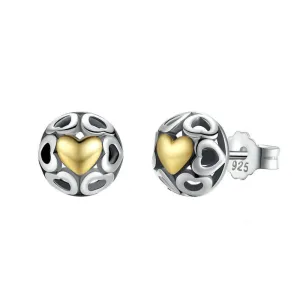 Two-Tone Sterling Silver Gold Plated Heart Half Dome Stud Earrings