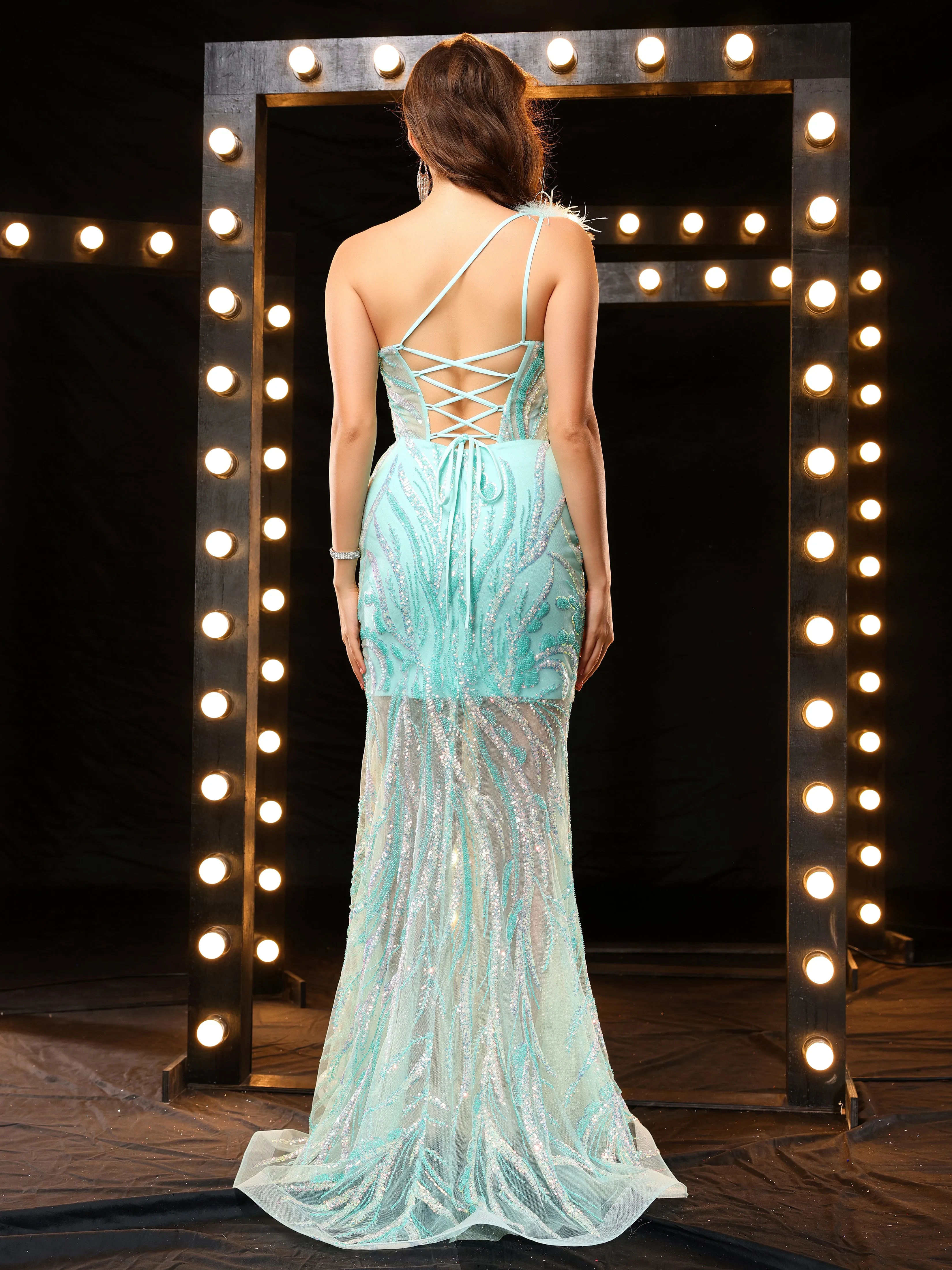 Unique One Shoulder Mermaid See-Through Long Prom Dress