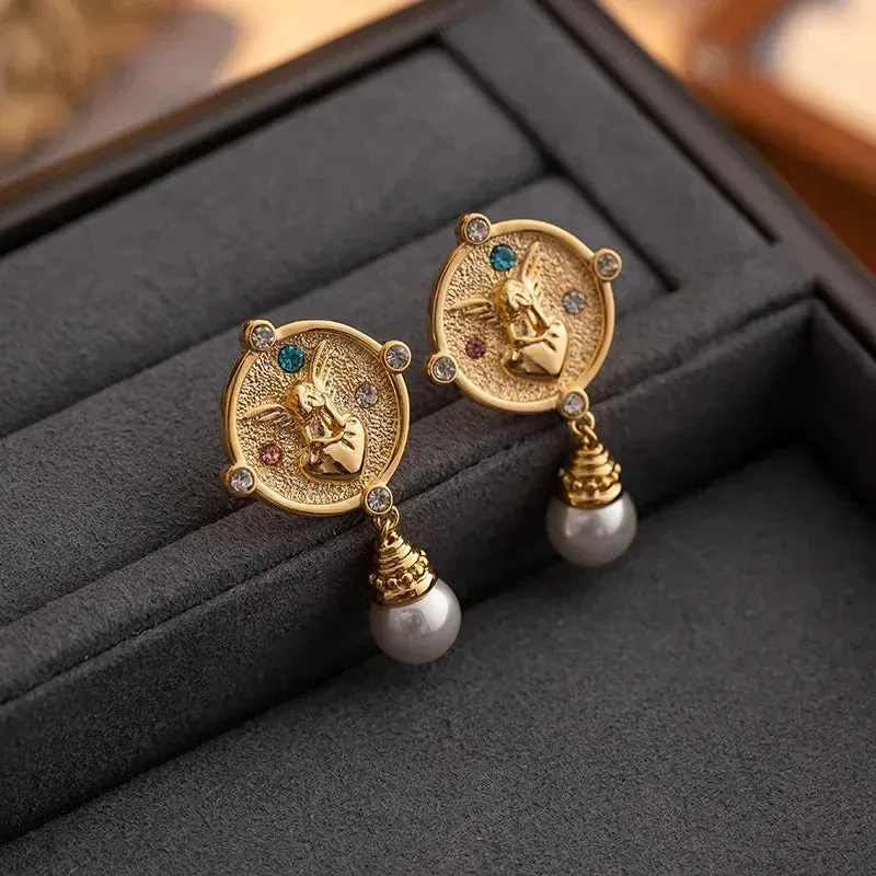 VAIGE Chic Geometric Gold Coin Pearl Drop Earrings