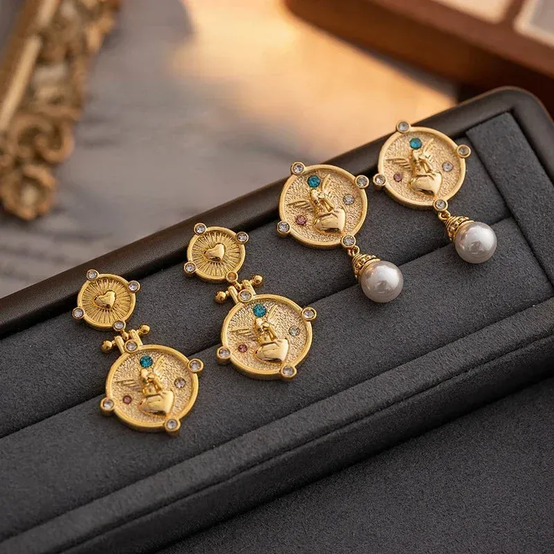 VAIGE Chic Geometric Gold Coin Pearl Drop Earrings