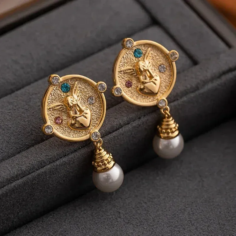 VAIGE Chic Geometric Gold Coin Pearl Drop Earrings