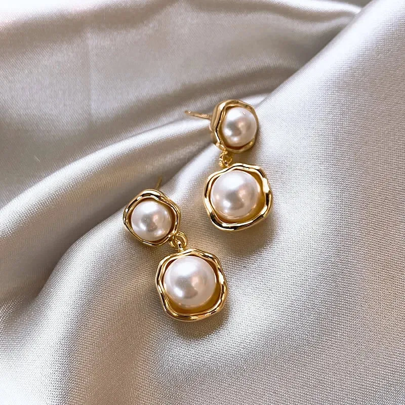 VAIGE Chic Pearl Geometric Drop Earrings in Silver and Gold