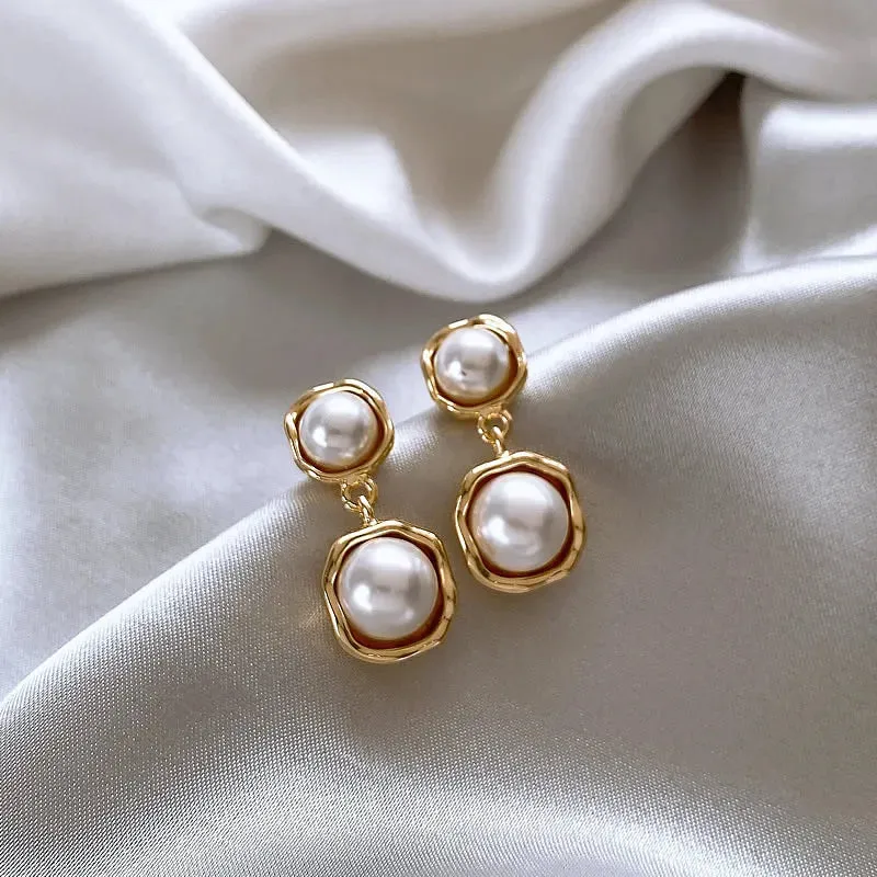 VAIGE Chic Pearl Geometric Drop Earrings in Silver and Gold