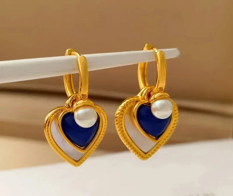 VAIGE Elegant Blue Double Heart Earrings in 925 Silver - Vintage Charm