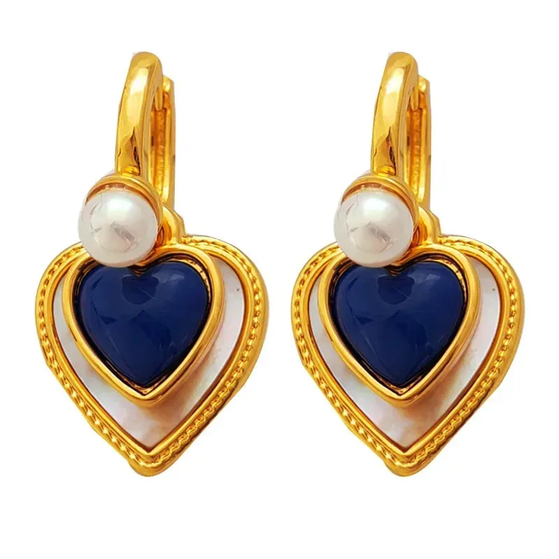 VAIGE Elegant Blue Double Heart Earrings in 925 Silver - Vintage Charm