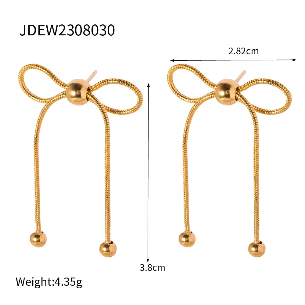 VAIGE Trendy 18K Gold Plated Stainless Steel Bow Tassel Stud Earrings - Fashionable Waterproof Jewelry Gift