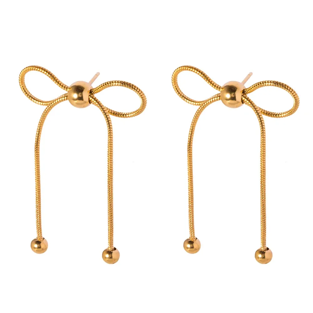 VAIGE Trendy 18K Gold Plated Stainless Steel Bow Tassel Stud Earrings - Fashionable Waterproof Jewelry Gift