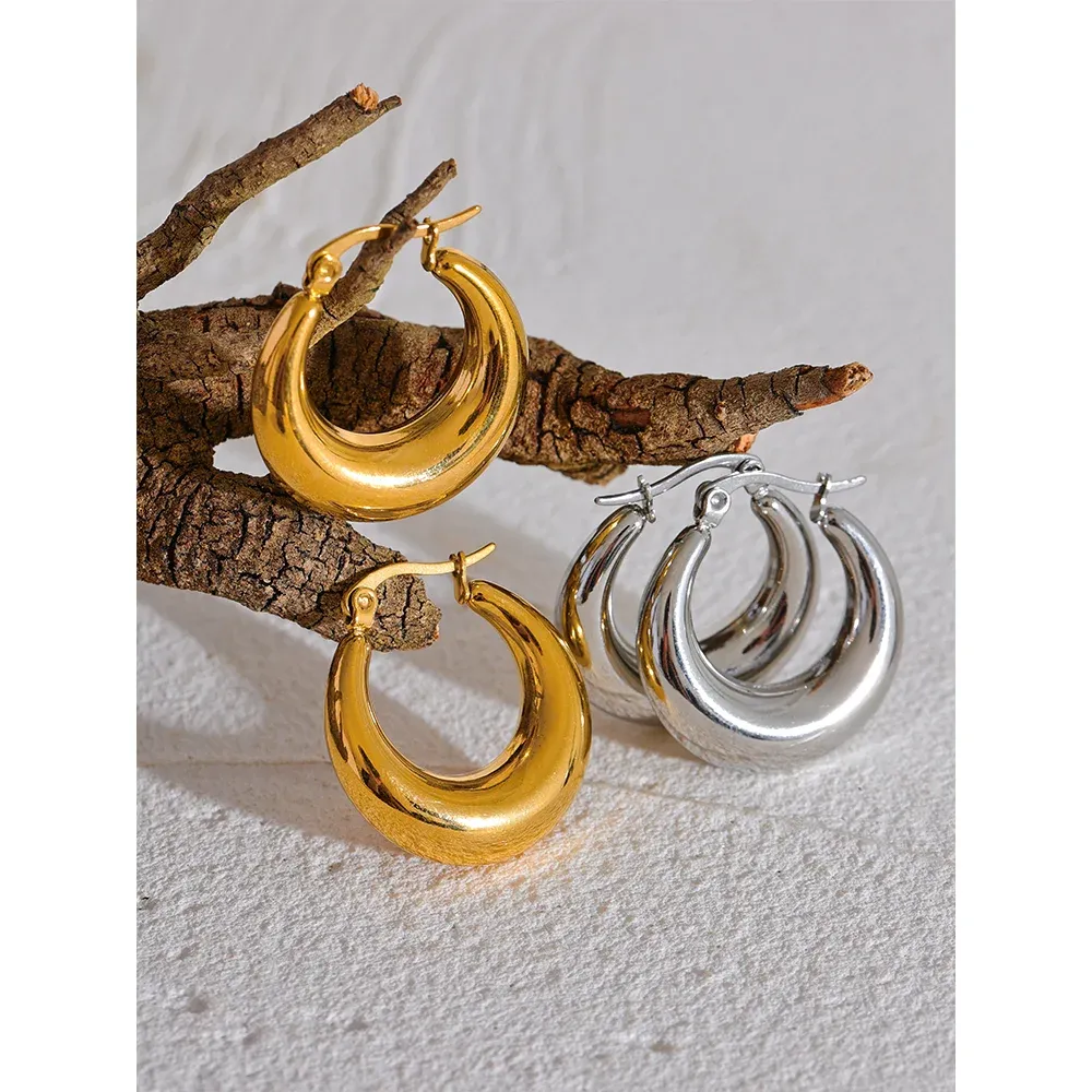 VAIGE Trendy Geometric Hoop Earrings in Stainless Steel with 18K Gold Plating - Chic Metal Texture Jewelry for Stylish Looks