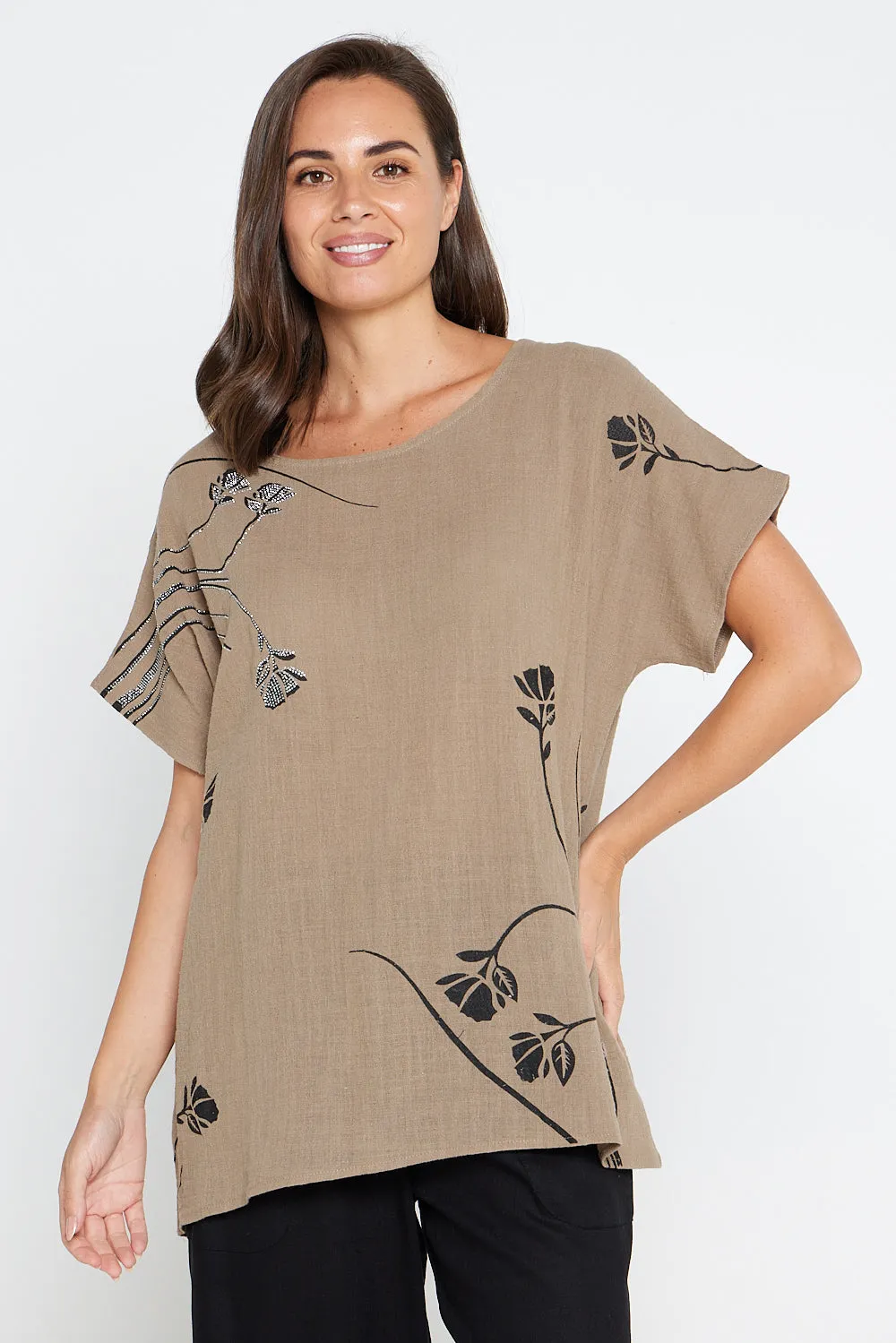 Valerie Diamanté Top - Khaki Brown