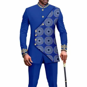 Vibrant Blue Ethnic Printed African Wedding Suit with Gold Accents