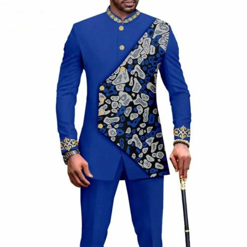 Vibrant Blue Ethnic Printed African Wedding Suit with Gold Accents