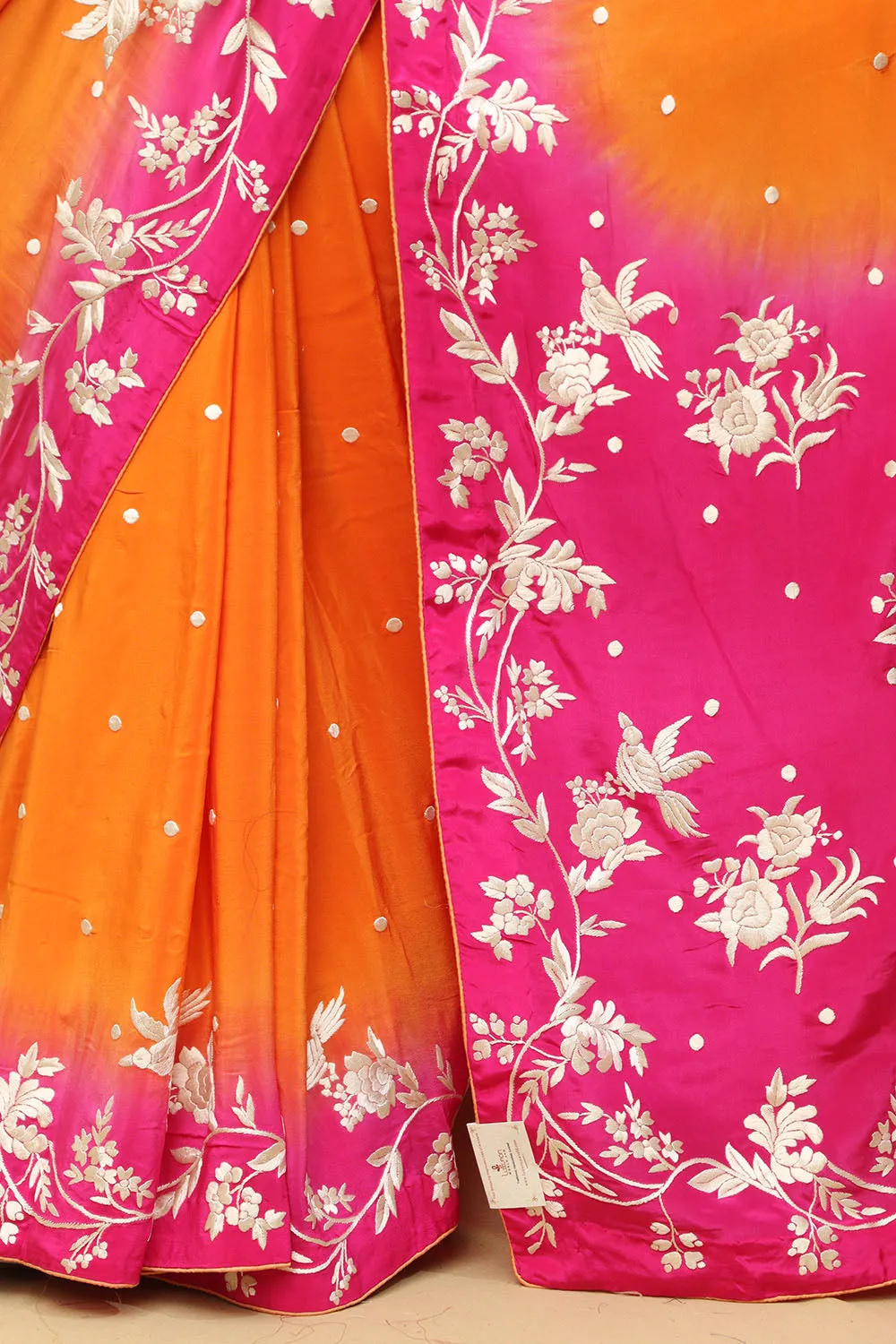 Vibrant Orange and Pink Hand Embroidered Parsi Gara Crepe Saree