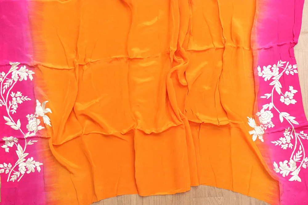 Vibrant Orange and Pink Hand Embroidered Parsi Gara Crepe Saree